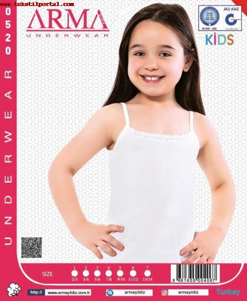 We are a manufacturer of children's underwear, We are a wholesaler of children's underwear, we are an exporter of children's underwear<br><br>With our Arma Yldz Brand and our own Children's underwear collections, we produce children's underwear, wholesale children's underwear seller, export children's underwear, <br>Our product range<br>Girls' undershirts, Girls' undershirts, Girls' panties, Girls' underwear , Boys' undershirts, Boys' undershirts, <br><br> We produce children's underwear with your models and your brand.