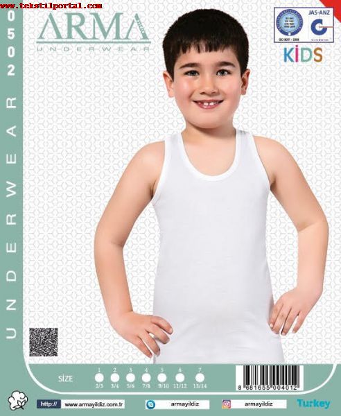 We are a manufacturer of children's underwear, We are a wholesaler of children's underwear, we are an exporter of children's underwear<br><br>With our Arma Yldz Brand and our own Children's underwear collections, we produce children's underwear, wholesale children's underwear seller, export children's underwear, <br>Our product range<br>Girls' undershirts, Girls' undershirts, Girls' panties, Girls' underwear , Boys' undershirts, Boys' undershirts, <br><br> We produce children's underwear with your models and your brand.