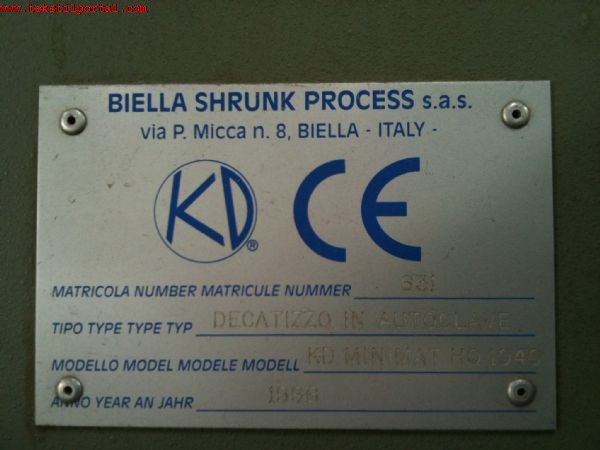 KD Machine for Sale, Biella Shrunk Fabric Touching Machine will be sold,  +90 506 909 54 19 Whatsapp<br><br>Attention to those looking for KD Machines for sale, Second hand iella Shrunk fabric finishing machines!<br><br>
BGE 1996 model.Biella Shrunk KD machine, Biella Shrunk Fabric touching machine will be sold, <br>
Autoclave Model: KD Minimat HQ 1040 - Width: 200 cm. playing width 1.80 cm <br><br>
  Ideal model for small and medium-sized factories <br>
This model consists of a series of small two detirovochnymi called KD
cylinder with a diameter of 450 mm and an autoclave with a diameter of 1040 mm
<br> Ideal for small and medium-sized factories.<br><br>
Technical specifications of the KD Minimat model are lower than larger models
It is not.<br>
This model requires less space; loading and unloading of fabric
It is done on one side of the machine.<br><br>
Main technical specifications<br>
diameter decatirovannogo cylinder - 450 mm<br>
Autoclave diameter - 1040 mm<BR>
number of tsetse - 2<br>
Winding / unwinding speed - 0-50 m / min<br>
felt length - 400 m<br>
length of processed fabric - 900 m / s 300 m<br>
steam consumption - 100 kg / hour<br>
installed power - 35 kW<br>
vapor pressure - at least 6 bar