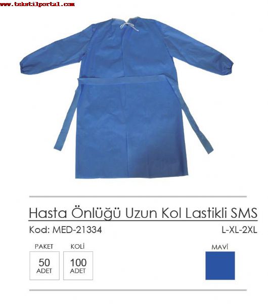 MANUFACTURER and SUPPLIER OF DISPOSABLE MEDICAL PRODUCTS<br><br>Turkish disposable medical products for patients are comfortable and light.<br>
The clothes can be produced in different colors and sizes.<br>
<br>
Disposable Non Woven Hospital Reinforced Robe for patient <br>
Raw materials:<br>
Nonwoven Spunbond Material<br>
40gr / m2,  Antiallergic,  Air permeable<br>
Color: White,  Navy Blue,  Green,  Blue,  as per request<br>
Product Feature:<br>
Non sterile,  standard size,  overlock seam, <br>
long sleeve,  waistband<br>
<br>
Disposable patient robe with short sleeve for adult and kids<br>
Raw materials:<br>
Nonwoven Spunbond Material<br>
40gr / m2,  Antiallergic,  Air permeable<br>
Color: White,  Navy Blue,  Green,  Blue,  as per request<br>
Product Feature:<br>
Non sterile,  standard size,  overlock seam, <br>
short sleeve,  waistband<br>
<br>
Disposable robe for patent with long sleeve for adult and kids<br>
Raw Material:<br>
Spunbond Nonwoven Fabric<br>
40g / m2,  anti- allergic,  breathable<br>
Color: white,  navy,  green,  blue,  on request<br>
Product Feature:<br>
Non- sterile,  standard size,  overlock, <br>
long sleeve,  belt<br>
<br>
Disposable patient robe for gastroscopy<br>
Raw Material:<br>
Spunbond Nonwoven Fabric<br>
40g / m2,  anti- allergic,  breathable<br>
Color: white,  navy,  green,  blue,  on request<br>
Product Feature:<br>
Non- sterile,  standard size,  overlock, <br>
belt<br>
<br>
Disposable robe for visitors<br>
Raw Material:<br>
Spunbond Nonwoven<br>
40g / m2,  anti- allergic,  breathable property<br>
Color: white,  navy,  green,  blue,  on request<br>
Product Feature:<br>
Non- sterile,  standard size,  overlock,  long sleeve,  open velcro,  elastic cuffs<br>
<br>
Trousers for patients<br>
Raw Material:<br>
Spunbond Nonwoven Fabric<br>
40g / m2,  anti- allergic,  breathable<br>
Color: white,  navy,  green,  blue ets.<br>
Product Feature:<br>
Non- Sterile,  standard size,  overlock,  elastic is on the waist and leg
